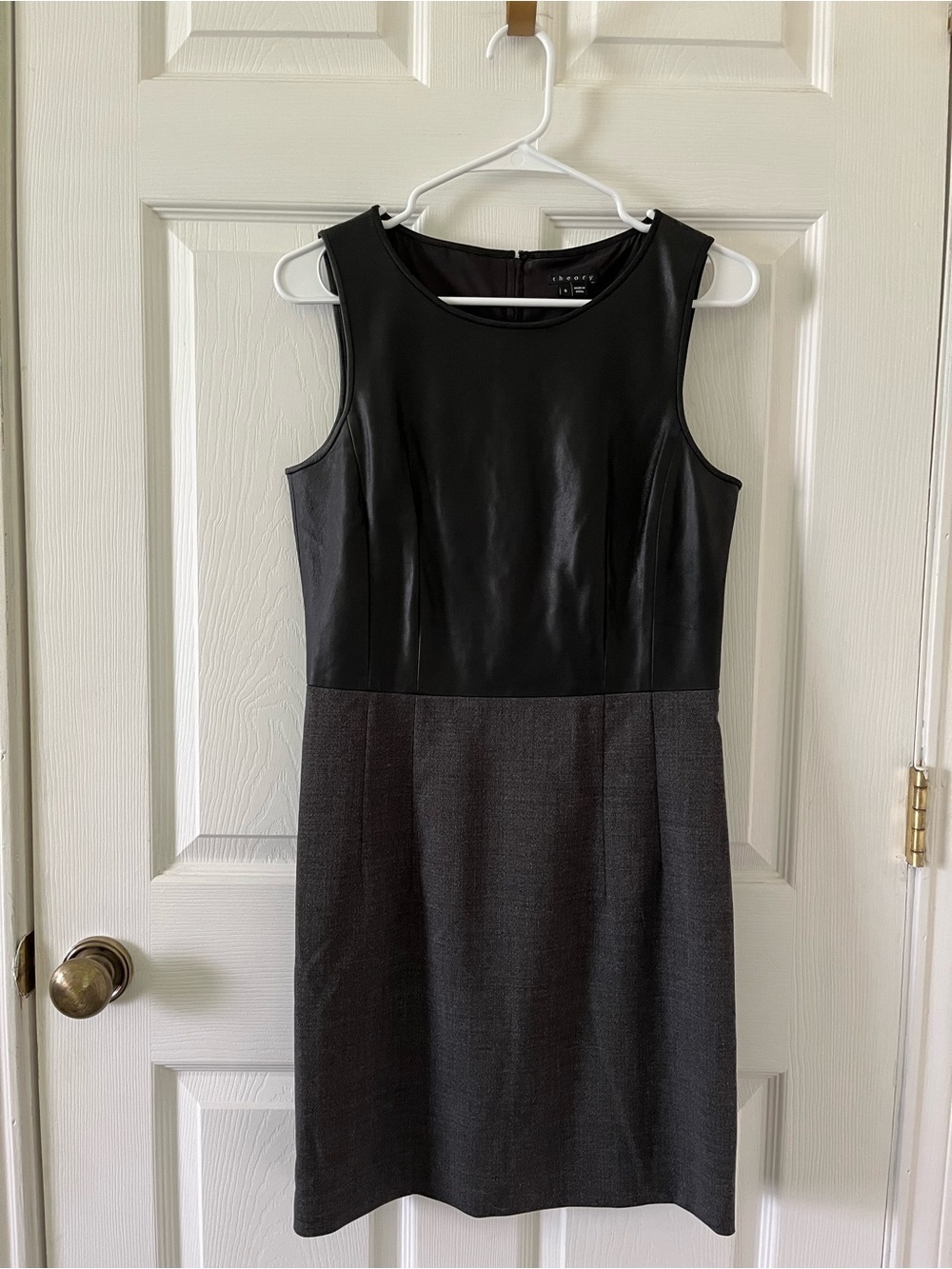Theory Black Faux-Leather Bodice with Gray Sheath Skirt Dress